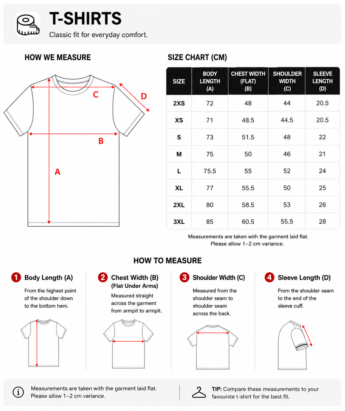 T-shirts Size Chart